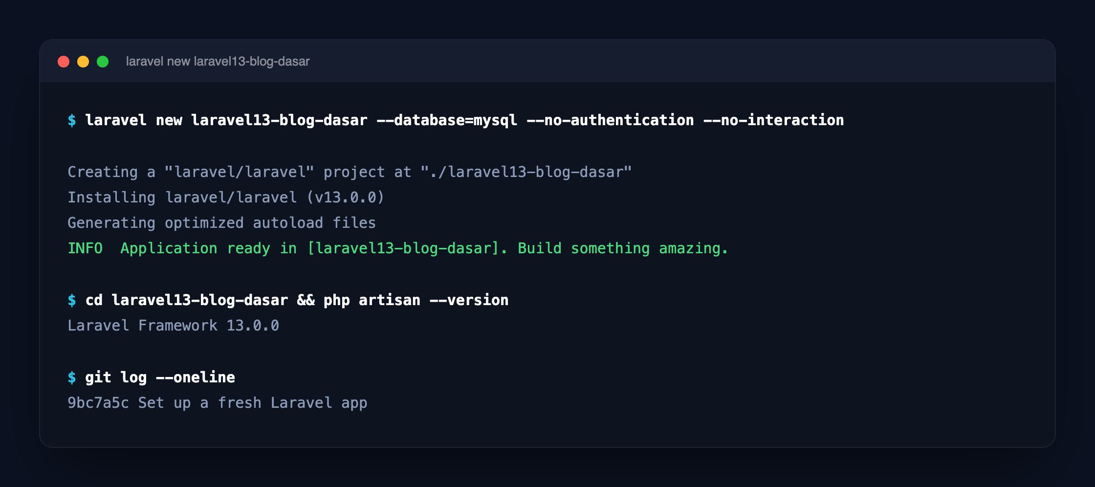 Screenshot: Hasil instalasi Laravel 13 lewat Laravel Installer.