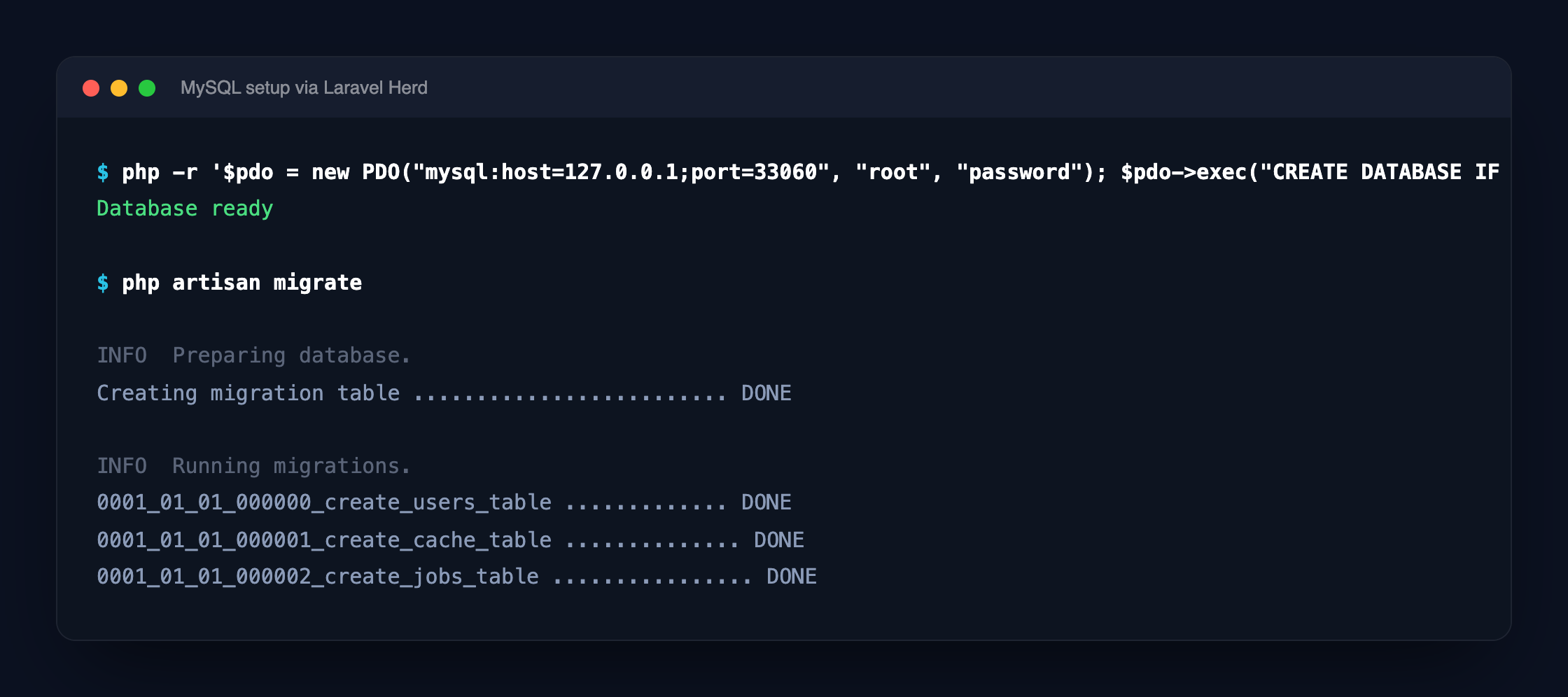 Screenshot: Koneksi MySQL berhasil, migration bawaan Laravel jalan tanpa error.