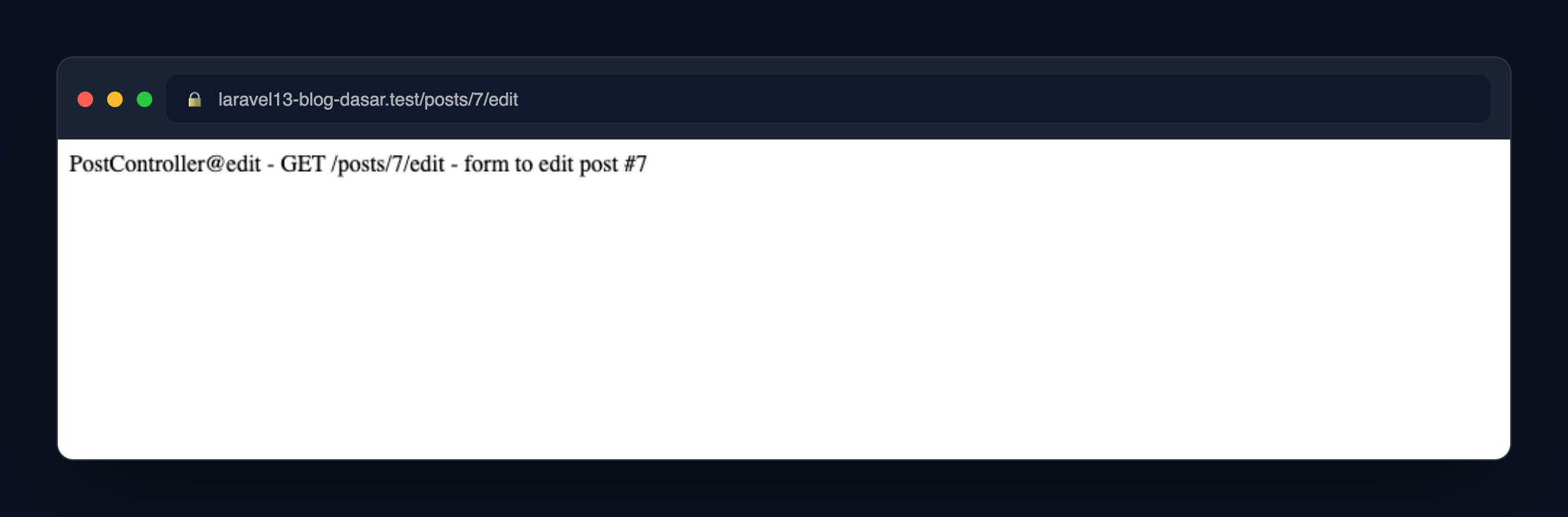 Screenshot: Placeholder response dari tiap method resource controller, sebelum dihubungkan ke database.