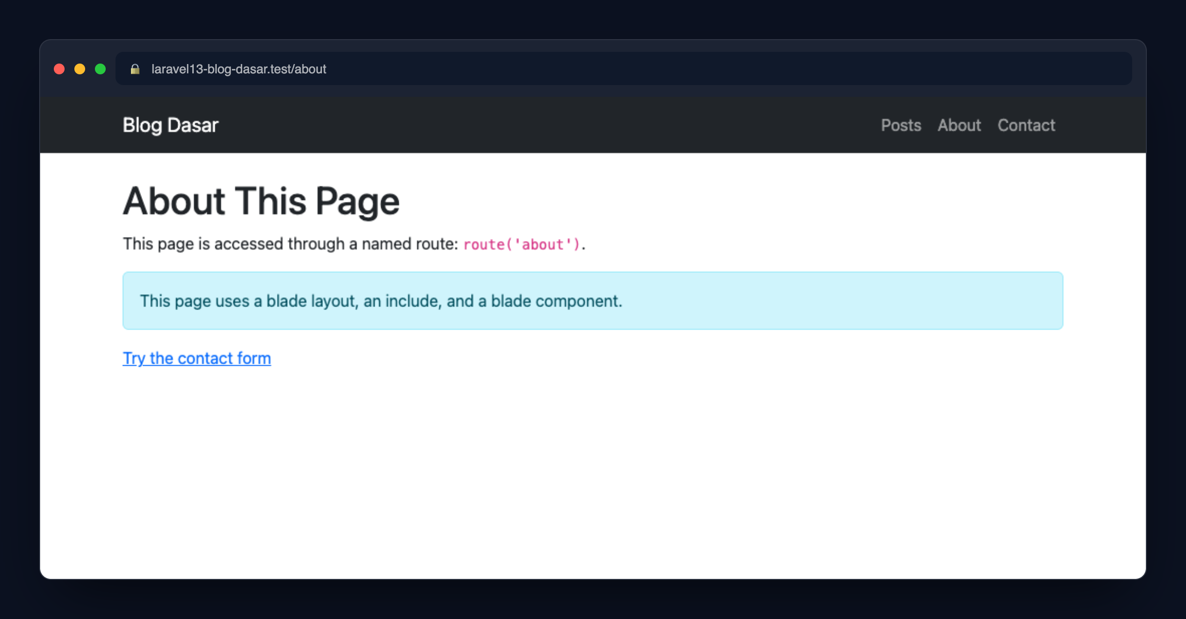 Screenshot: Halaman About memakai master layout, navbar include, dan alert component.