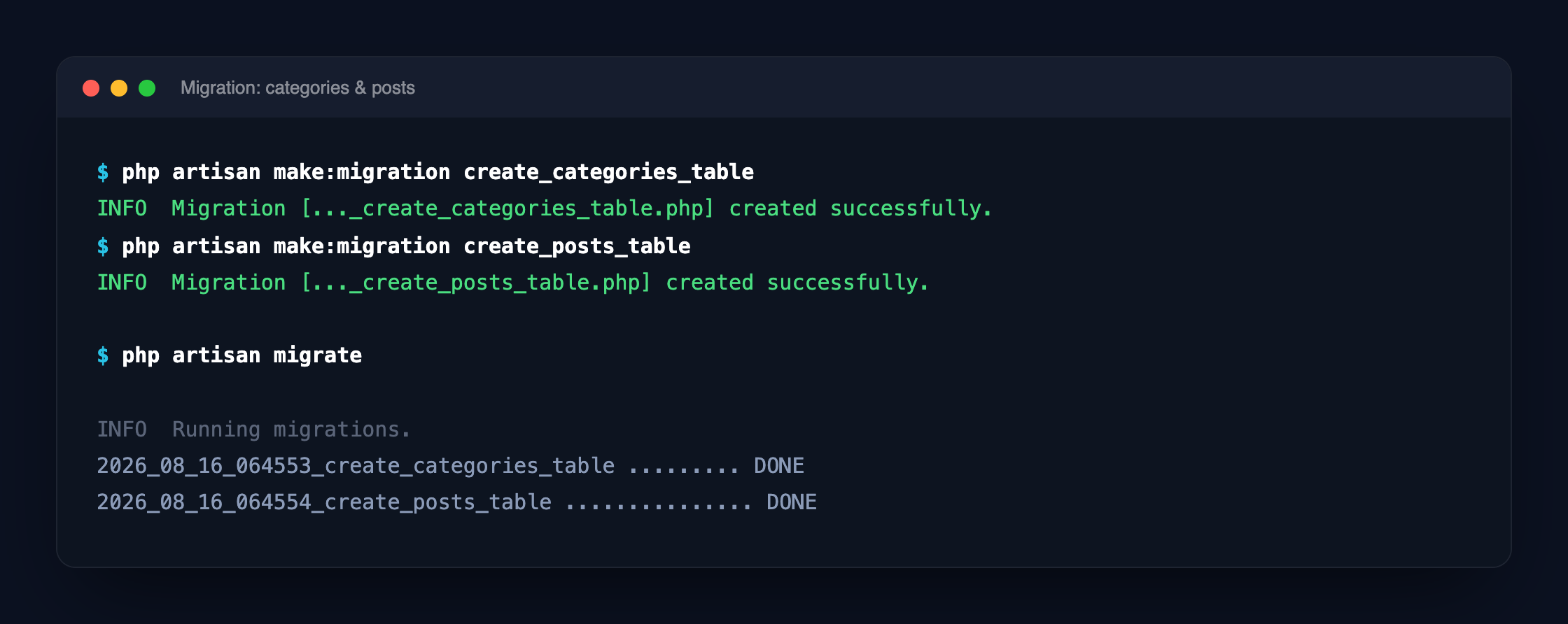 Screenshot: Migration tabel categories dan posts berhasil dijalankan.