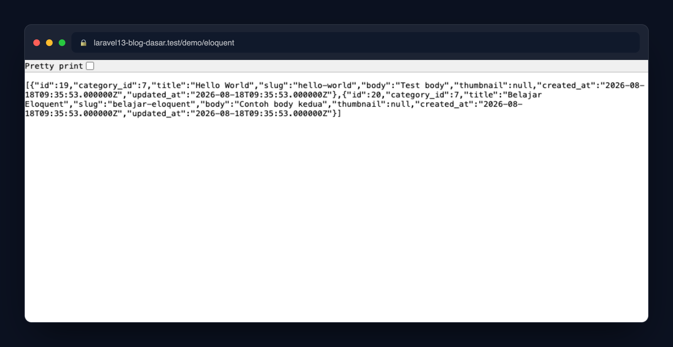 Screenshot: Response JSON dari endpoint demo Eloquent — instance model lengkap dengan relasi.
