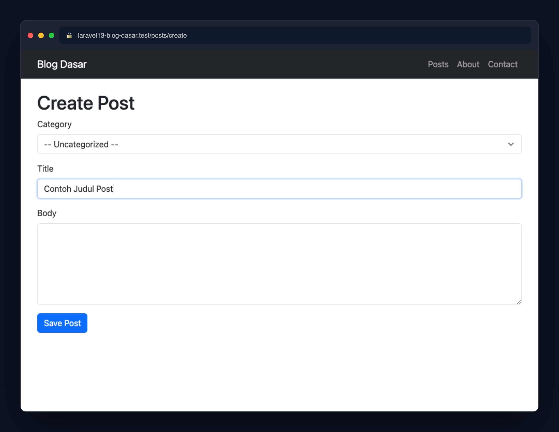 Screenshot: Form create post dengan input judul dan body.