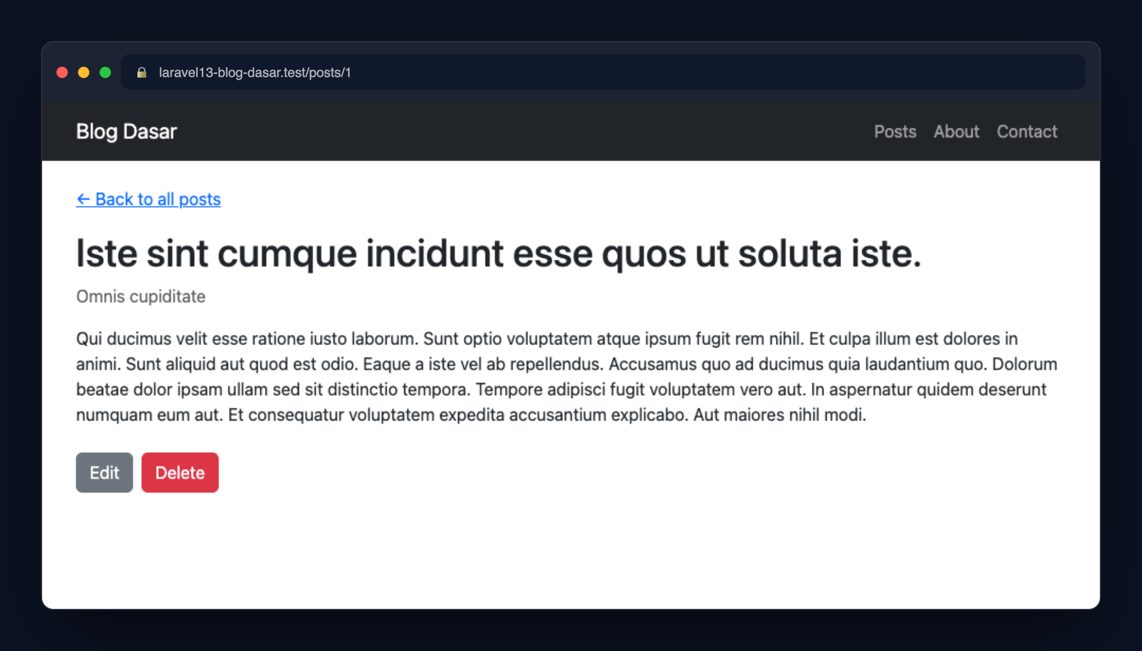 Screenshot: Halaman detail post dengan tombol Edit dan Delete.