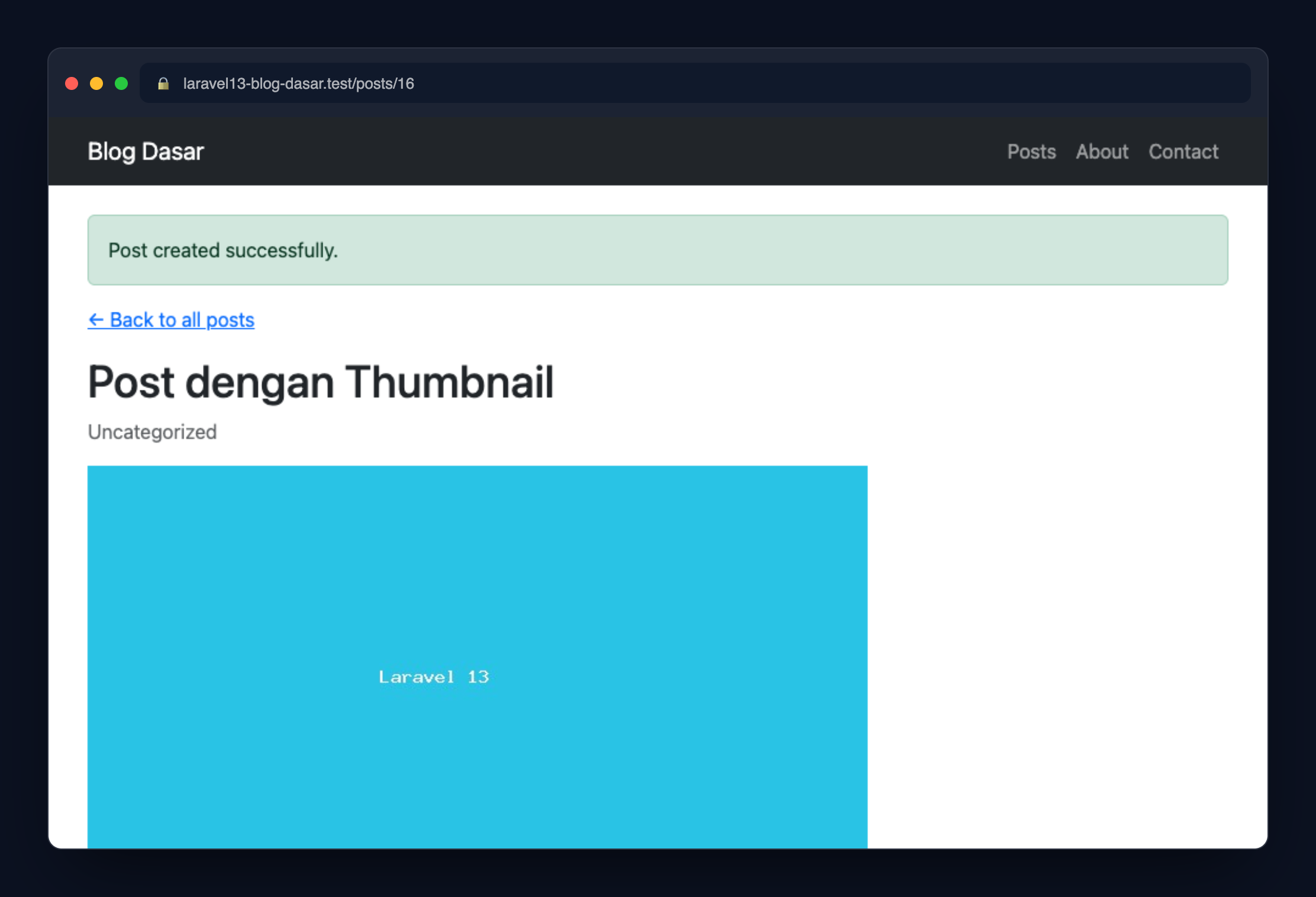 Screenshot: Post baru berhasil dibuat lengkap dengan thumbnail hasil upload.