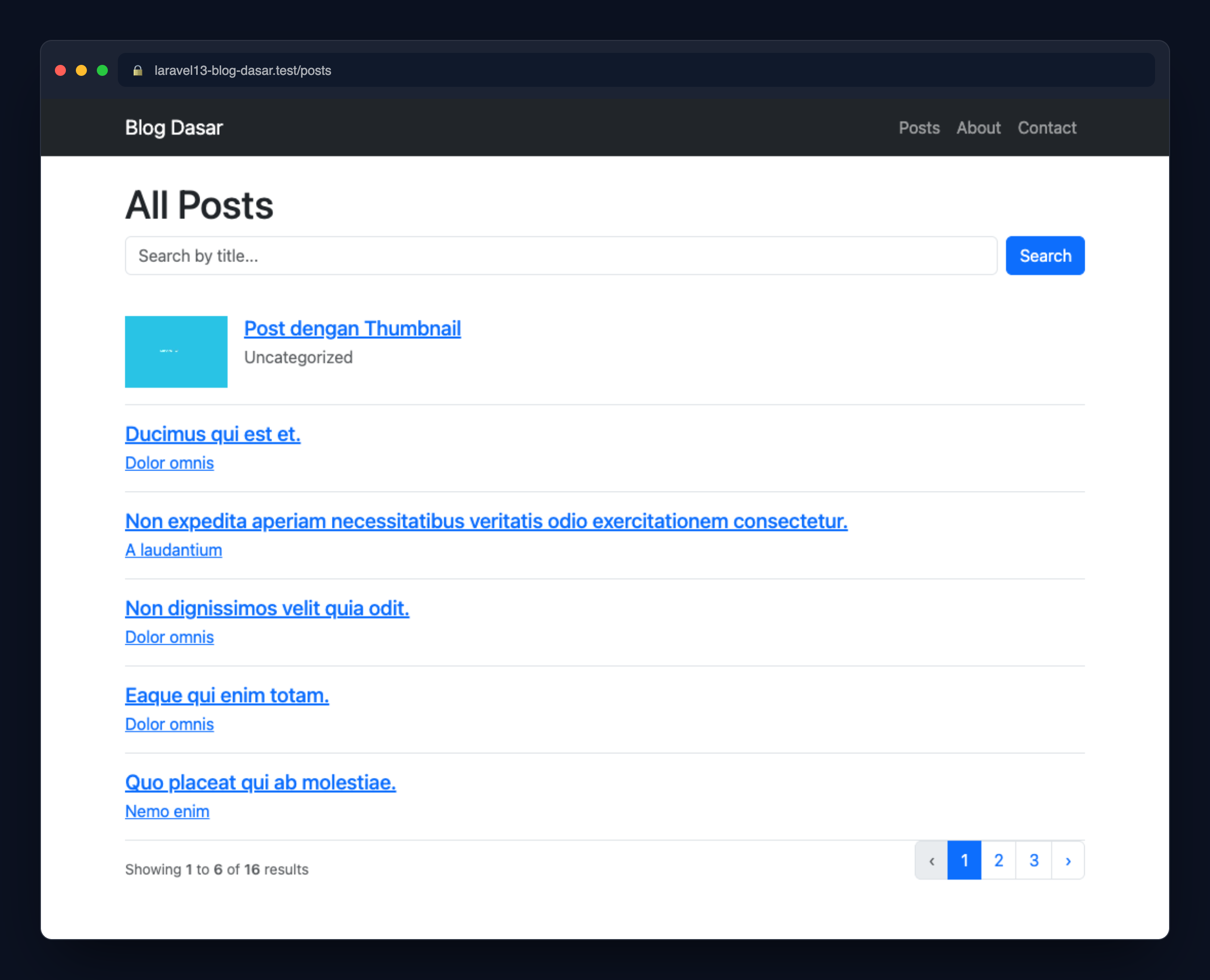 Screenshot: Search box dan navigasi pagination di halaman daftar post (16 hasil, 3 halaman).