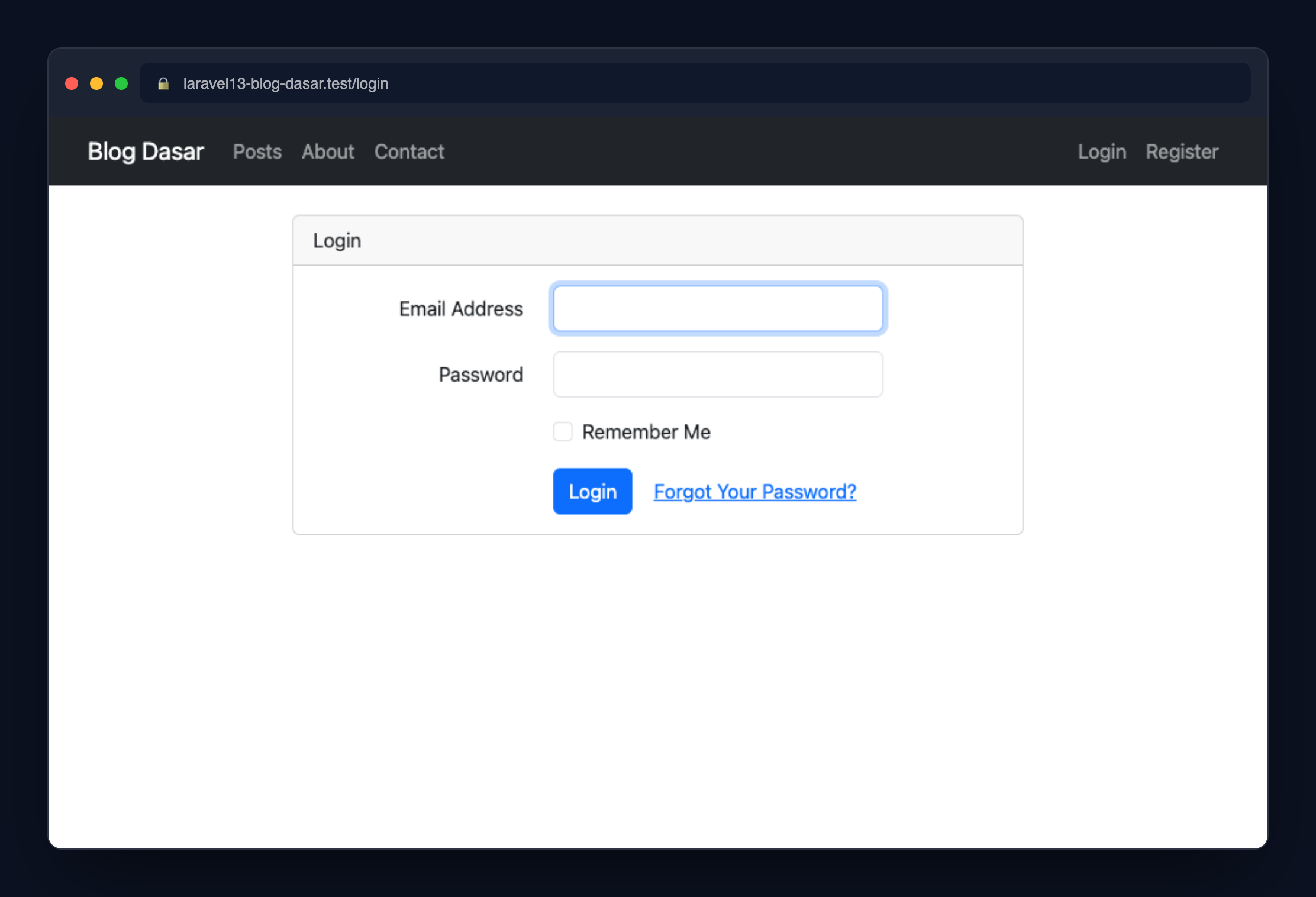 Screenshot: Halaman login hasil scaffolding Laravel UI dengan styling Bootstrap.