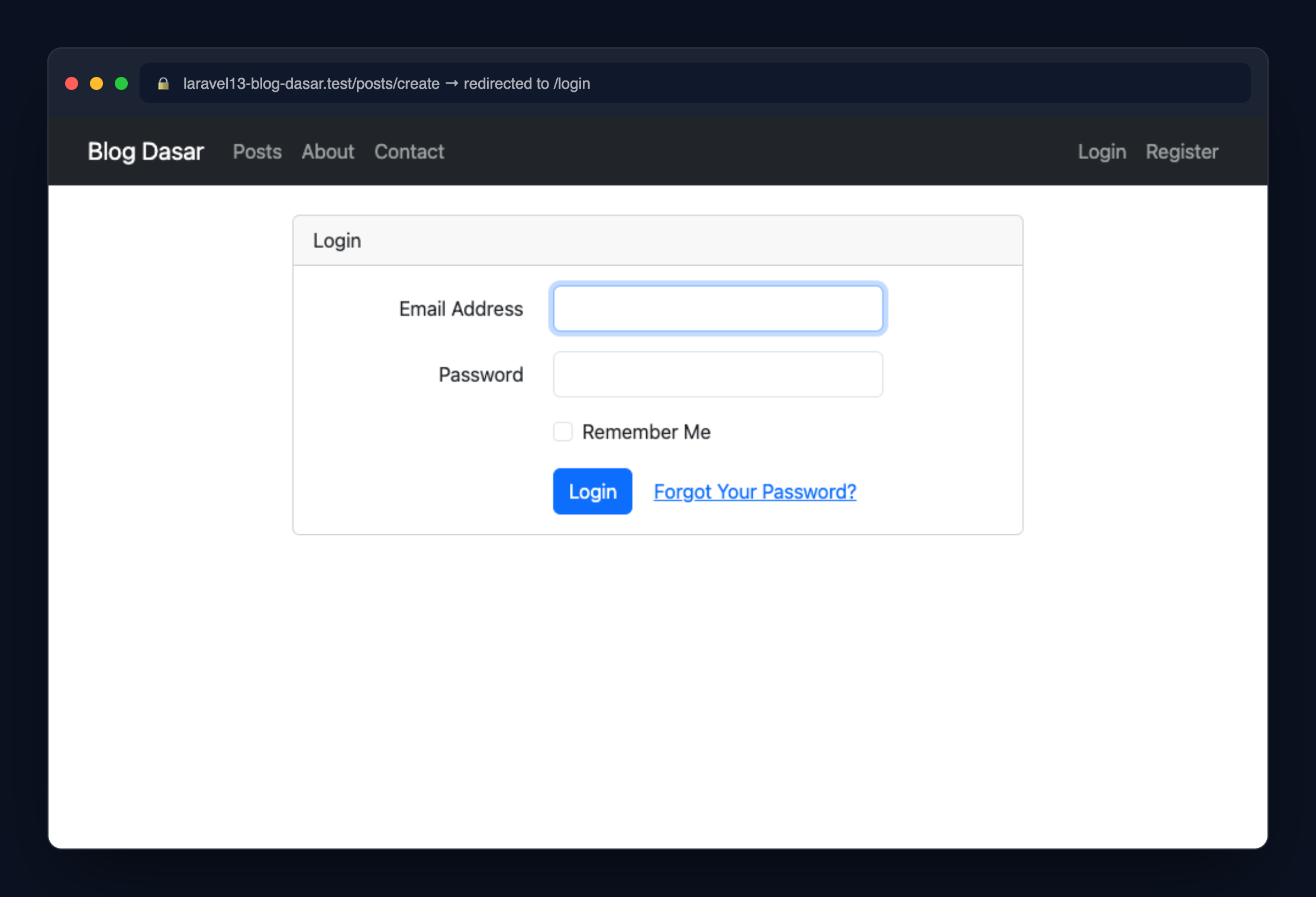 Screenshot: Guest yang mencoba akses /posts/create otomatis dialihkan ke halaman login.
