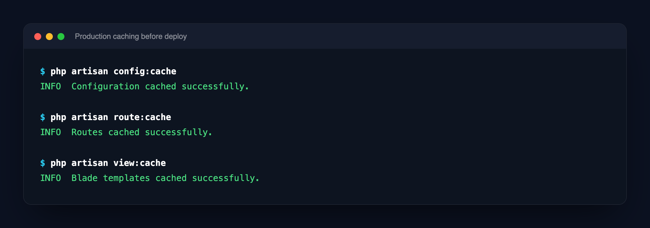 Screenshot: Perintah caching production (config:cache, route:cache, view:cache) berjalan sukses.